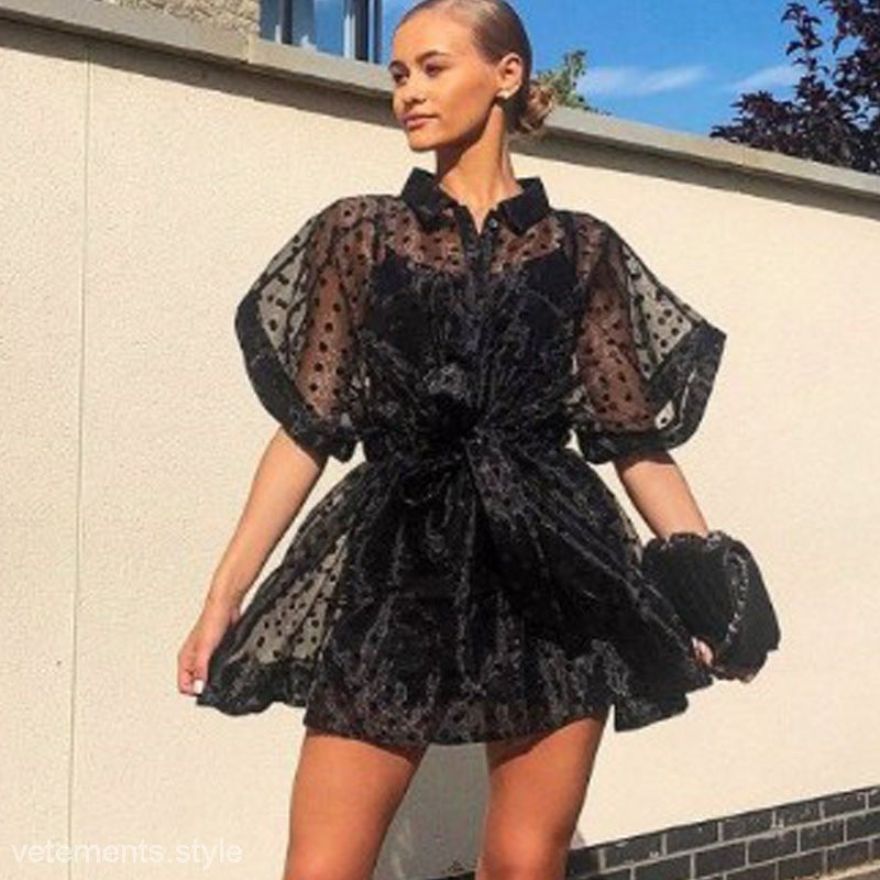 Black polka-dot sheer dress featured in SEE THROUGH ORGANZA DRESS, a stylish sling dress