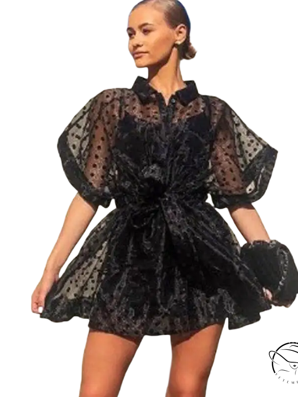 Black polka-dot sheer see-through organza sling dress