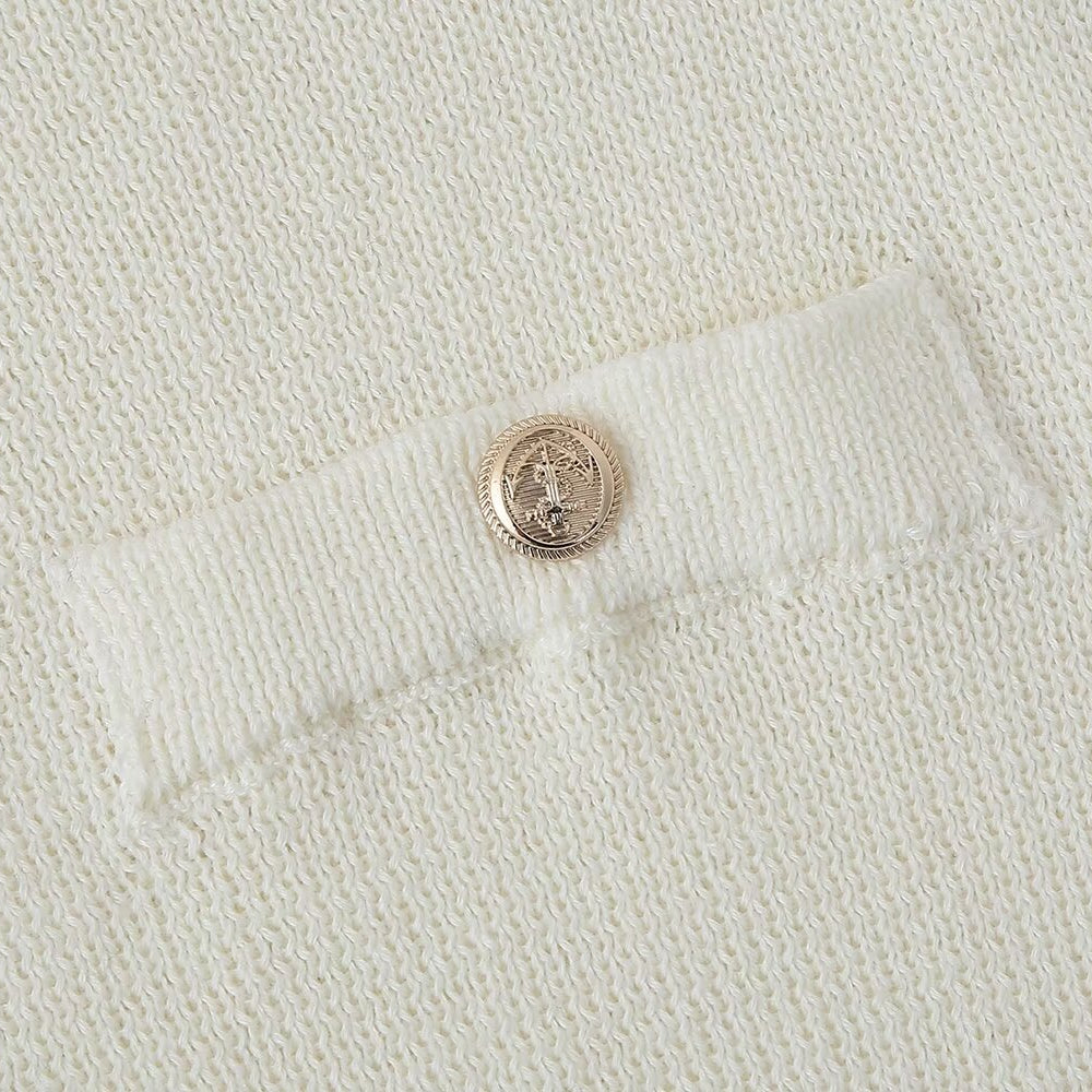 White knit pocket with gold button on slim casual knitted casual dress