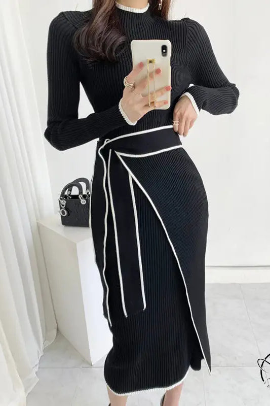 Langry fashion black ribbed knit dress with white trim, winter high neck slim mid length