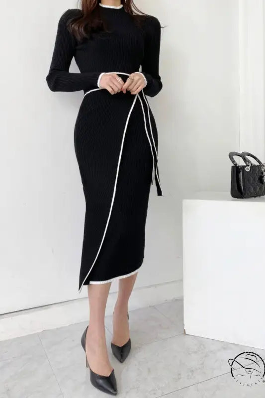 Langry fashion black knit dress with white trim, high neck slim mid-length winter style