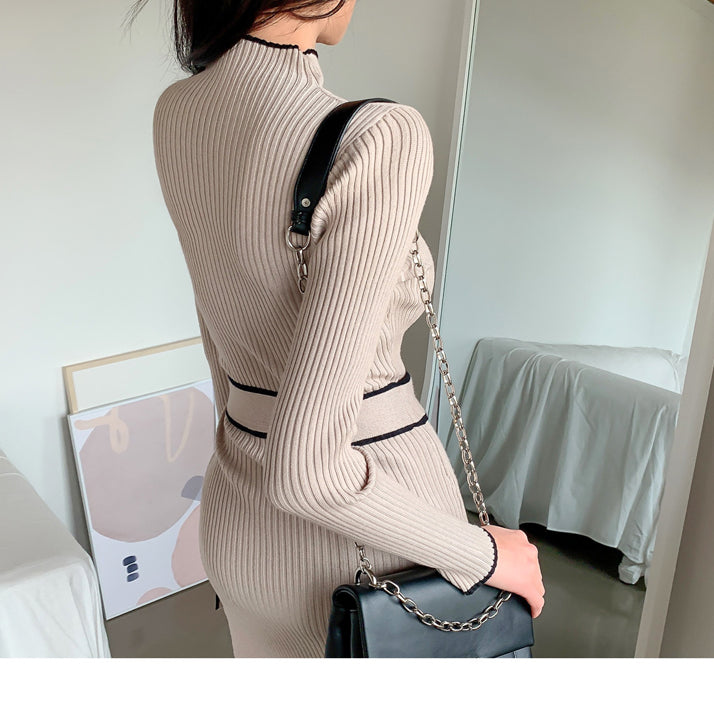 Ribbed knit dress with black trim from Winter High Neck Slim Mid Length Knit Dress, showcasing modern rakny fashion and stylish ملابس for winter