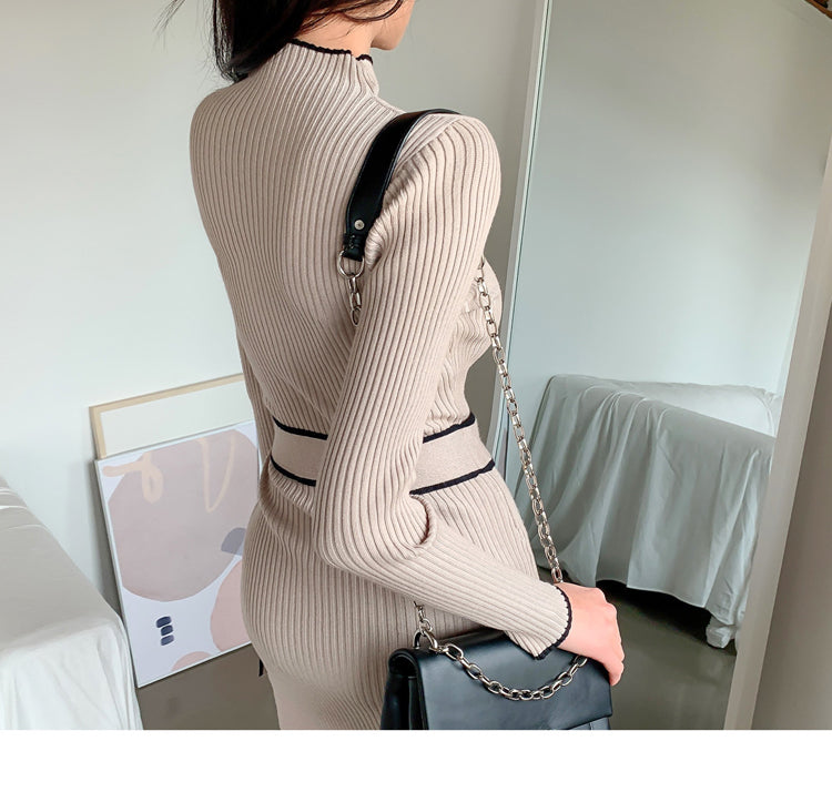 Ribbed knit dress with black trim from Winter High Neck Slim Mid Length Knit Dress, showcasing modern rakny fashion and stylish ملابس for winter