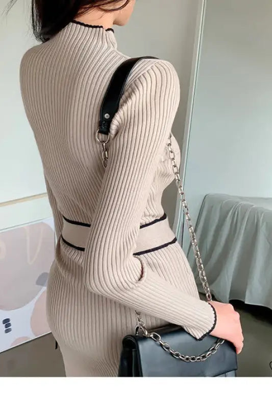 Winter high neck slim mid length ribbed knit dress in langry fashion with black trim