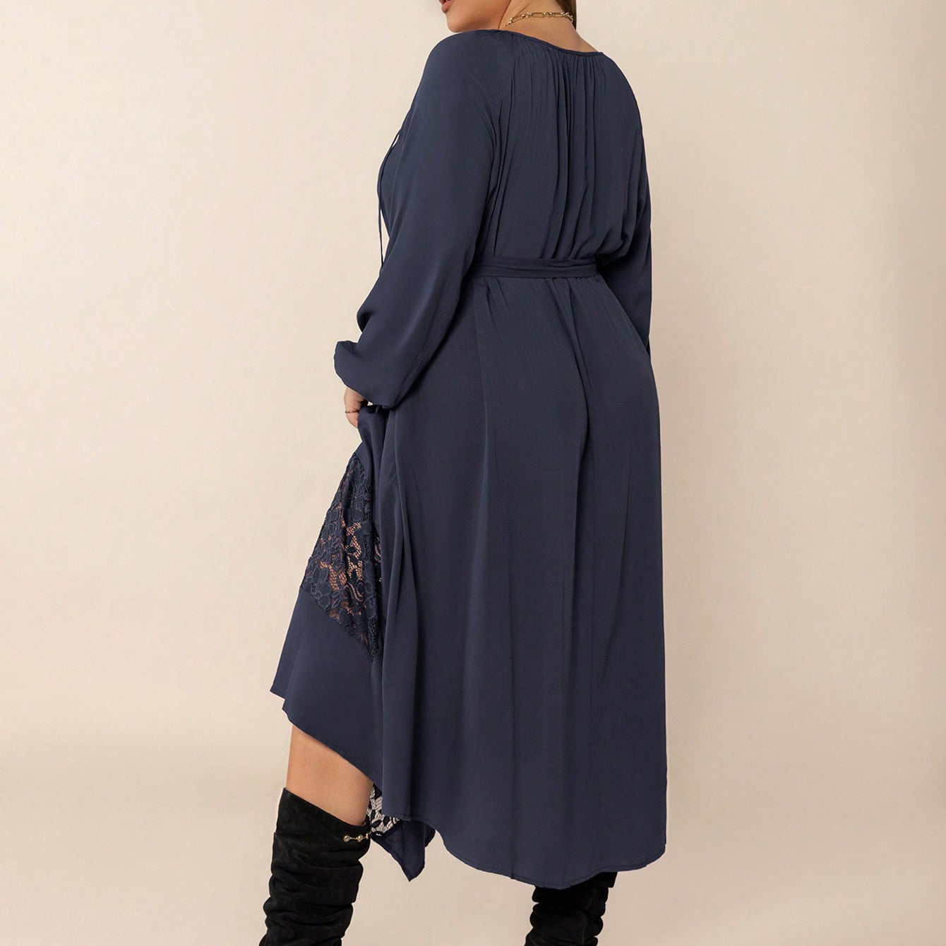 Plus size navy blue winter cozy dress with lace detailing and long sleeves