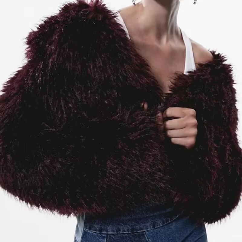 Burgundy faux fur jacket from Winter All Match Fur Short Coat collection showcasing luxurious fashion and ملابس style