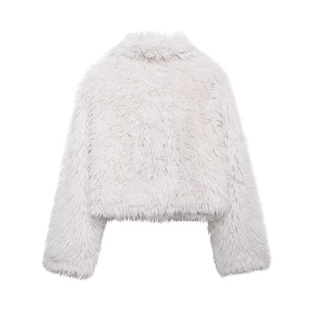 Elegant white faux fur jacket from Winter All Match Fur Short Coat collection for fashionable winter ملابس
