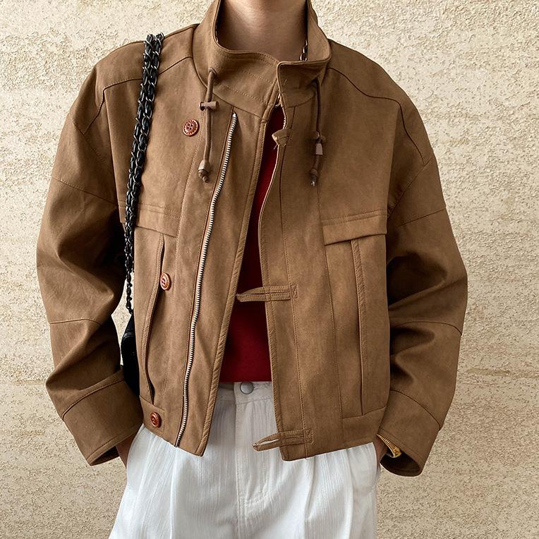 High quality casual leather coat with brown jacket and toggle closures for stylish fashion