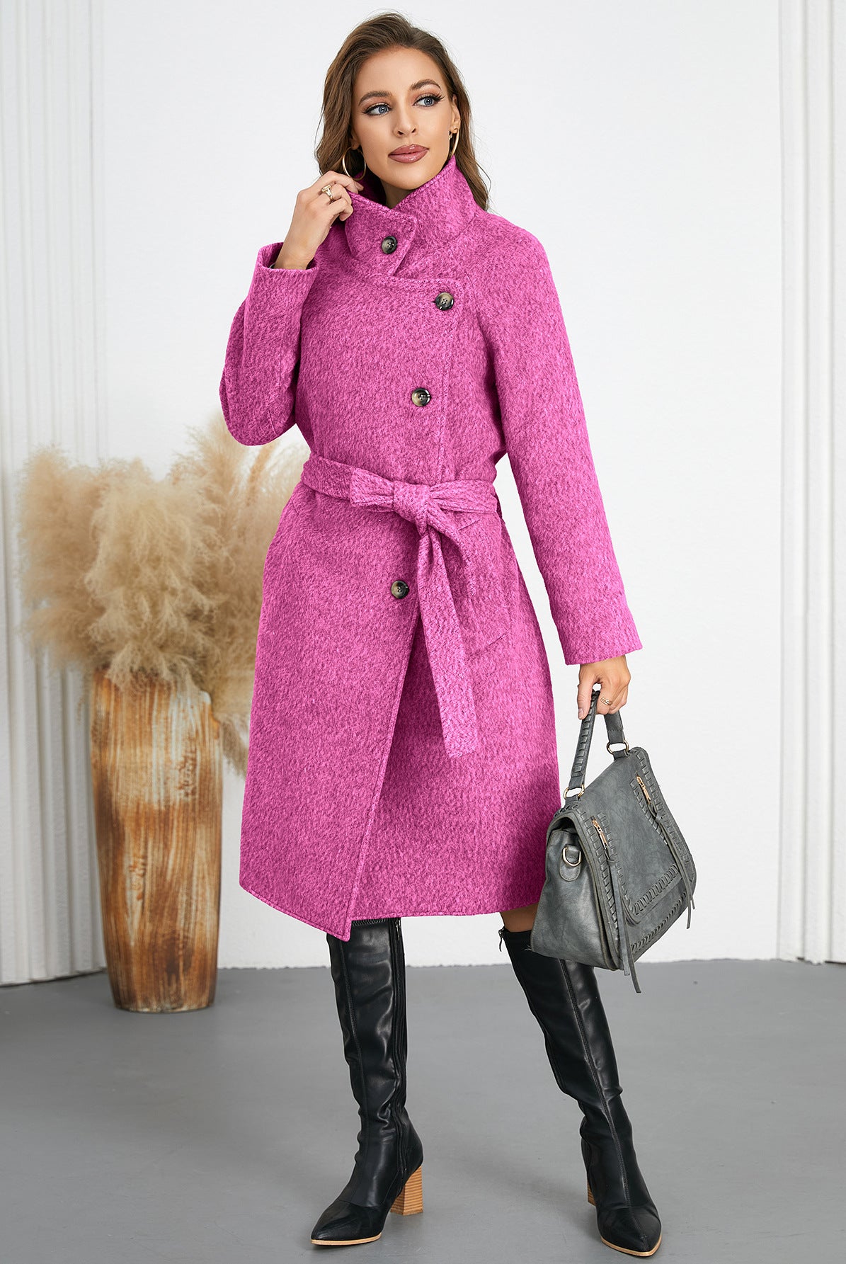 Magenta belted wool coat from Comfy Slim Woolen Coat, a stylish addition to fashion and ملابس