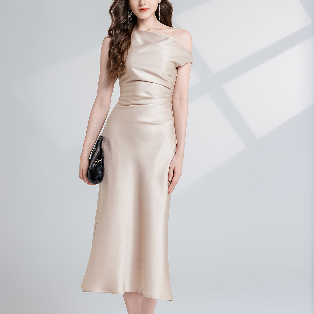 Elegant champagne-colored silk maxi dress from Beautiful One Shoulder Maxi Dress collection