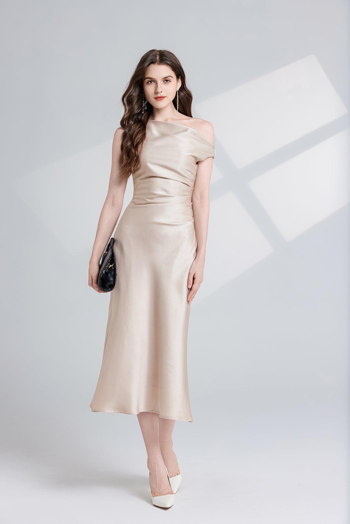 Elegant champagne-colored silk maxi dress from Beautiful One Shoulder Maxi Dress collection