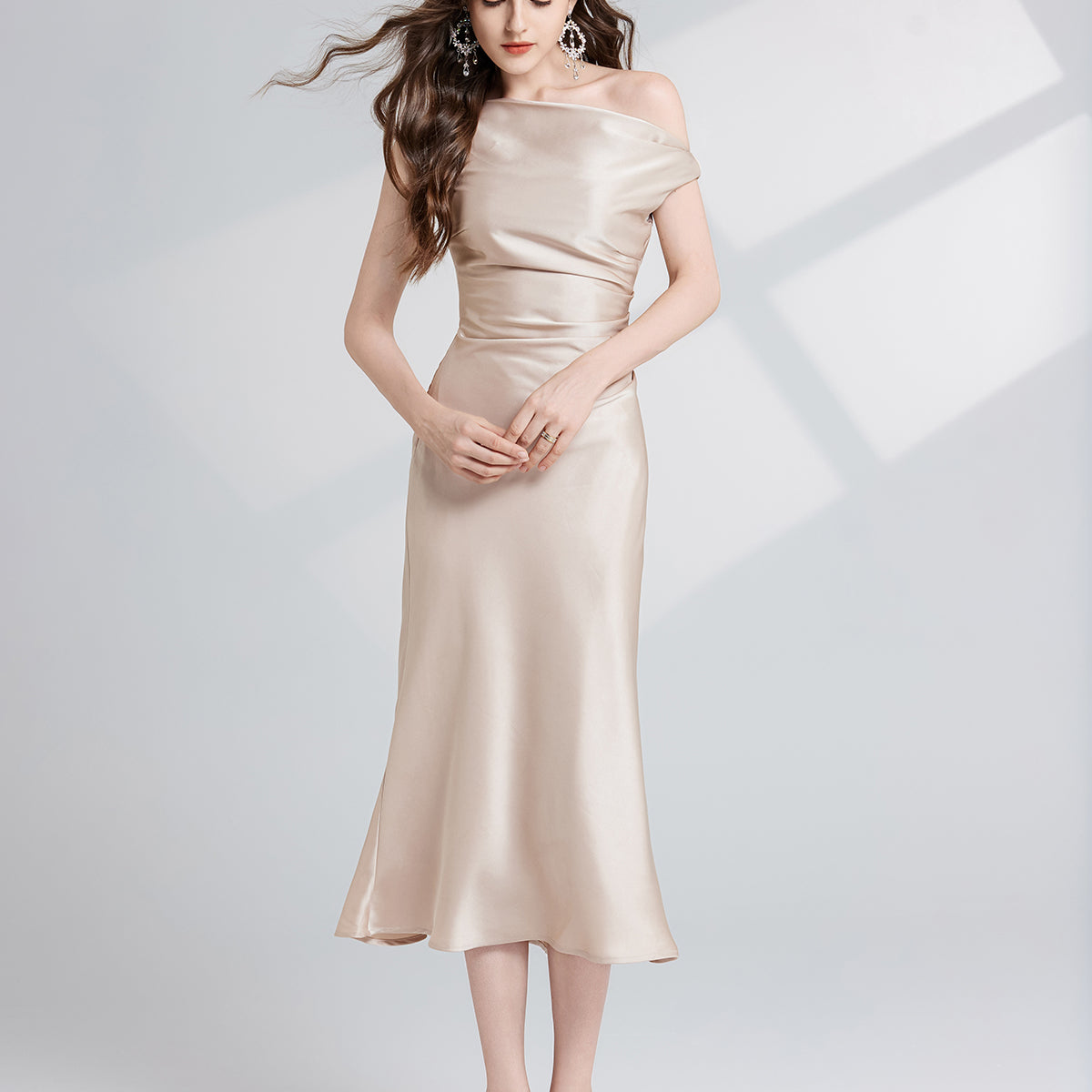 Elegant champagne-colored satin maxi dress featured in Beautiful One Shoulder Maxi Dress fashion collection