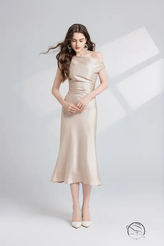 Elegant champagne-colored satin one shoulder maxi dress in Langry fashion