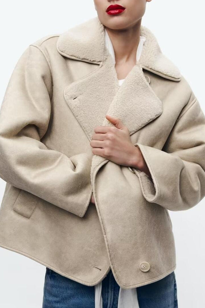 Langry elegant collared beige faux shearling fashion jacket with buttons and patch pocket