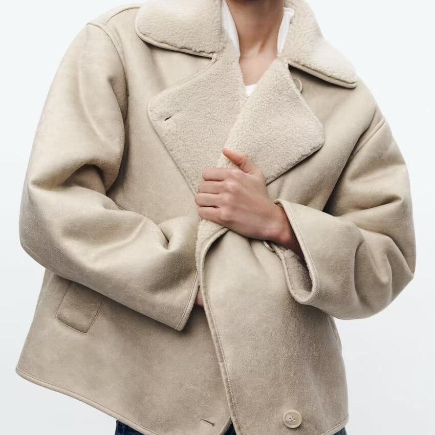Langry elegant collared beige faux shearling fashion jacket with buttons and patch pocket