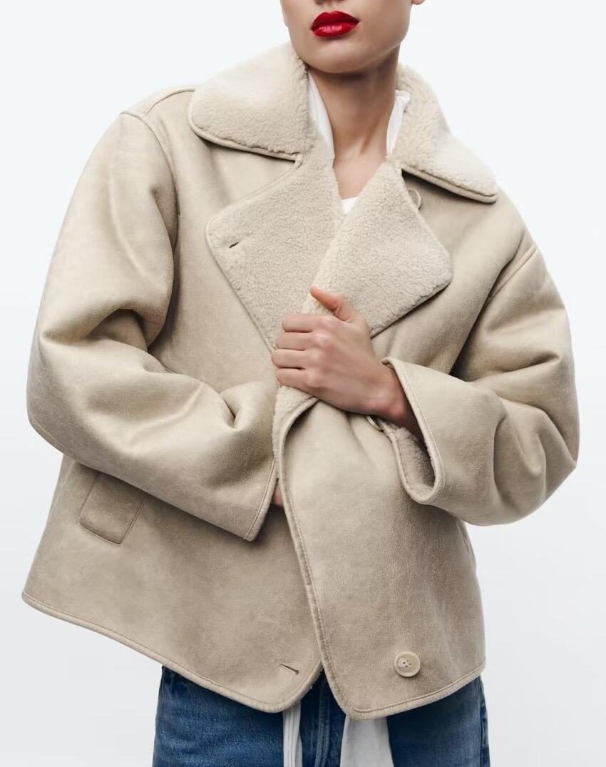 Langry elegant collared beige faux shearling fashion jacket with buttons and patch pocket