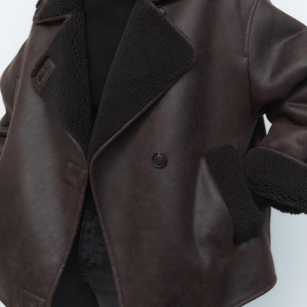 Langry fashion brown shearling-lined peacoat with double-breasted buttons
