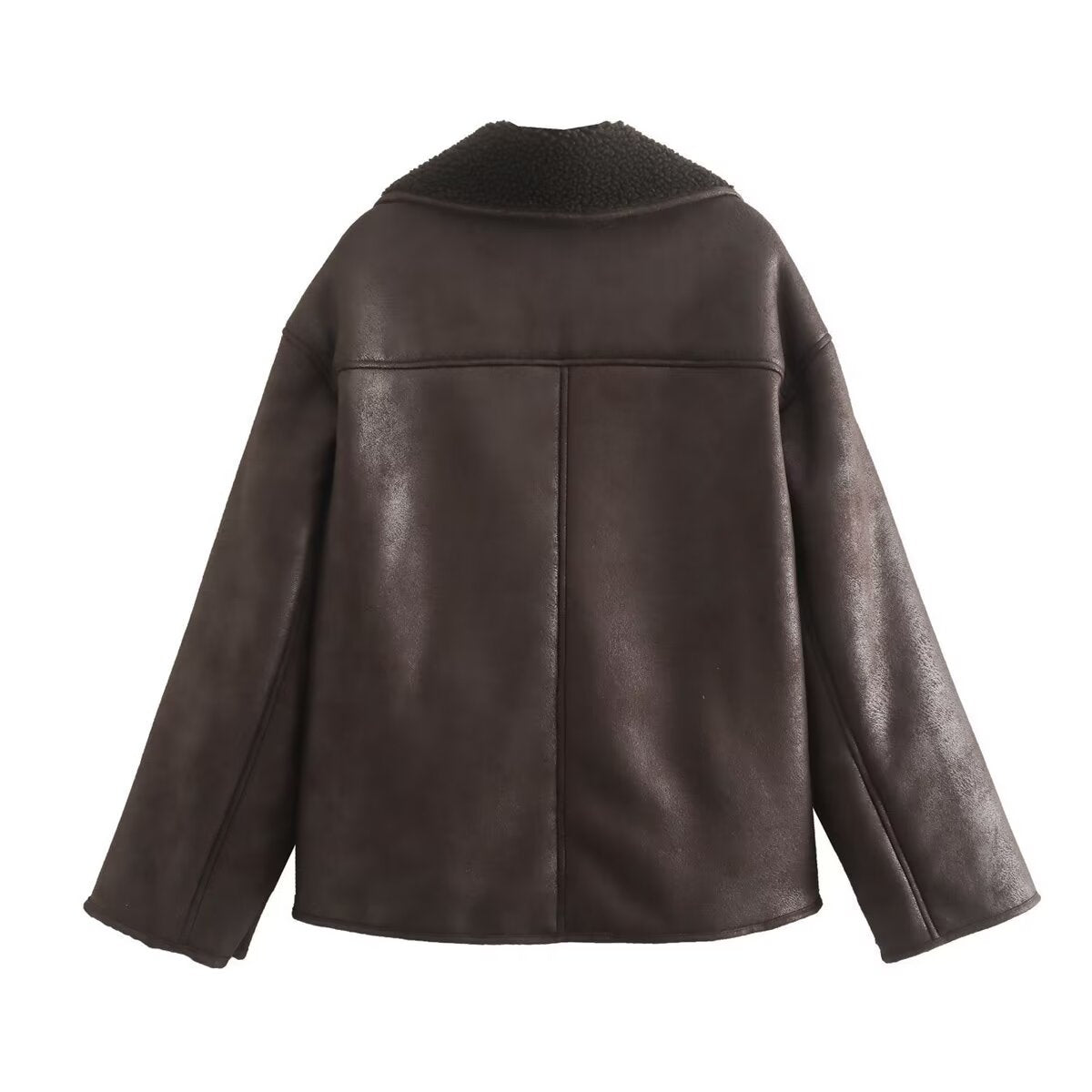 Elegant langry fashion brown leather jacket with fur collar and flap pockets