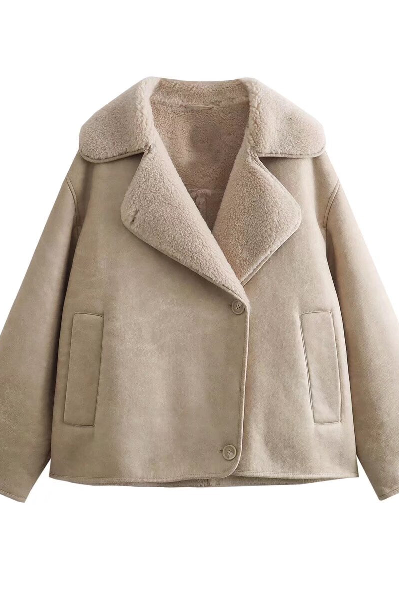 Elegant langry beige faux fur lined collared jacket with pockets