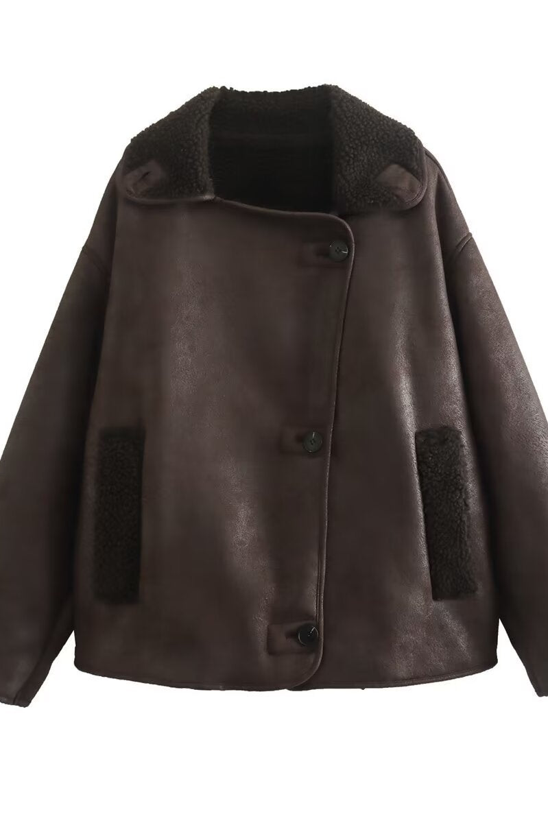 Langry fashion brown faux leather jacket with fur lining and patch pockets