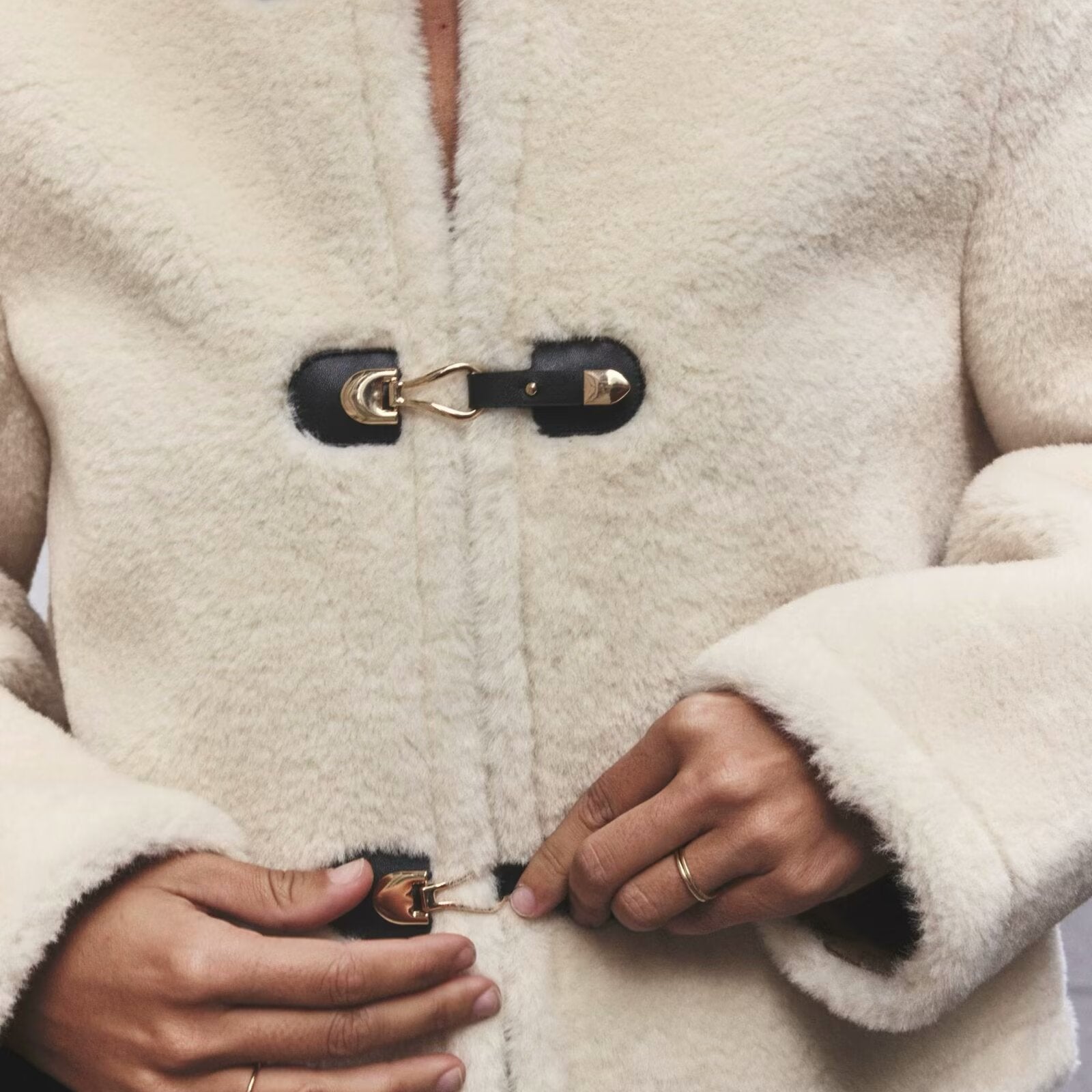 Cream-colored faux fur shearling Winter Double Sided String Button Jacket with toggle closures