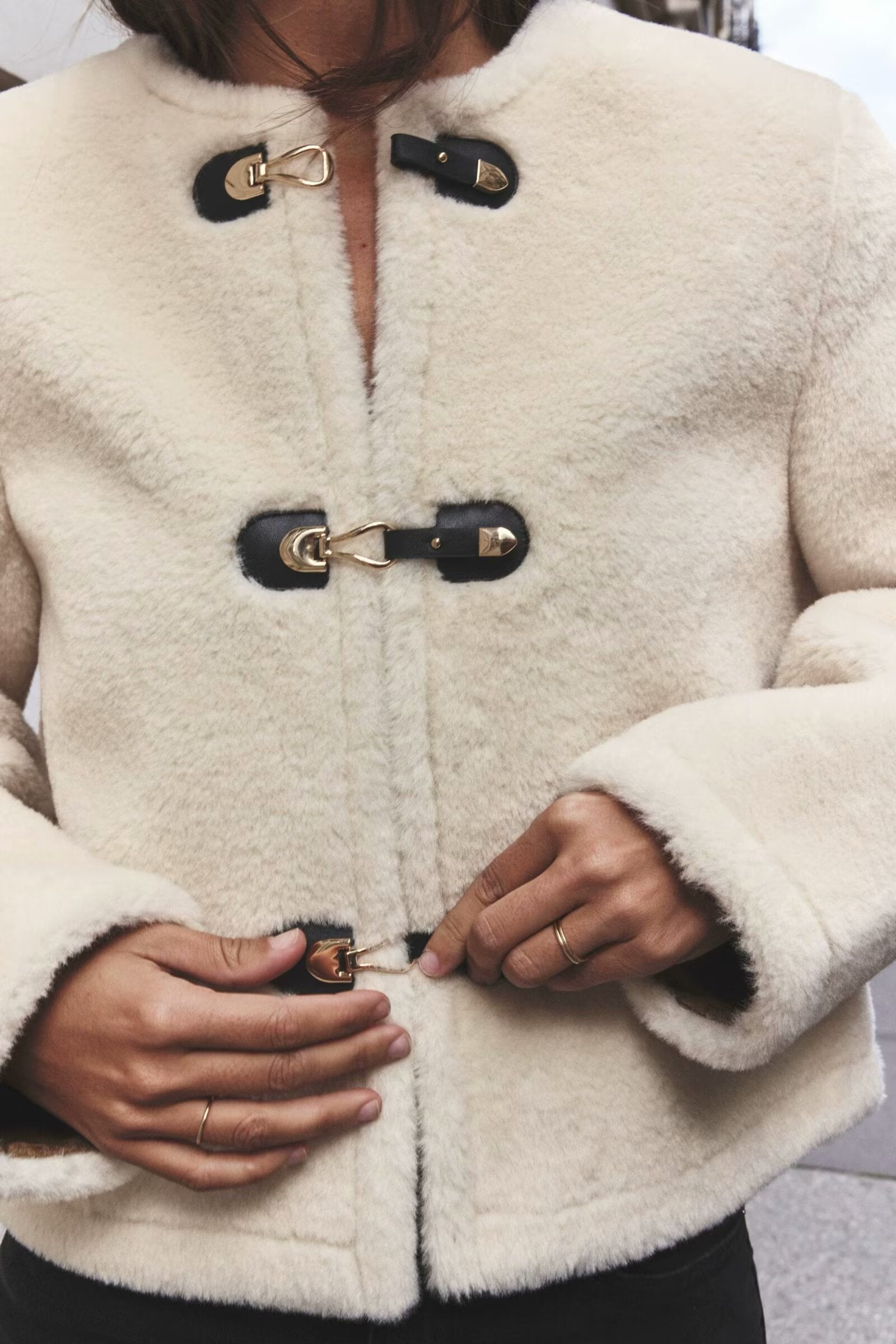 Cream-colored faux fur shearling Winter Double Sided String Button Jacket with toggle closures
