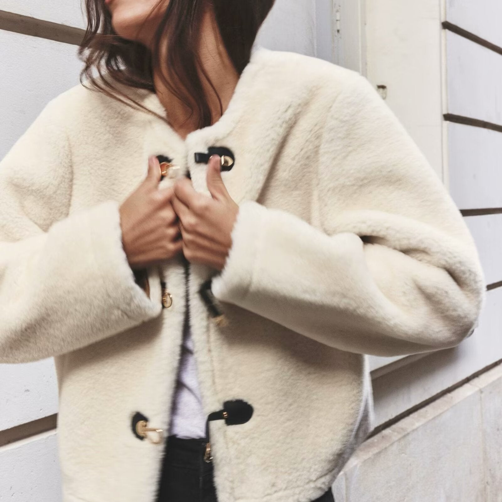 Cream-colored faux fur Langry fashion Winter Double Sided String Button Jacket with toggle closures