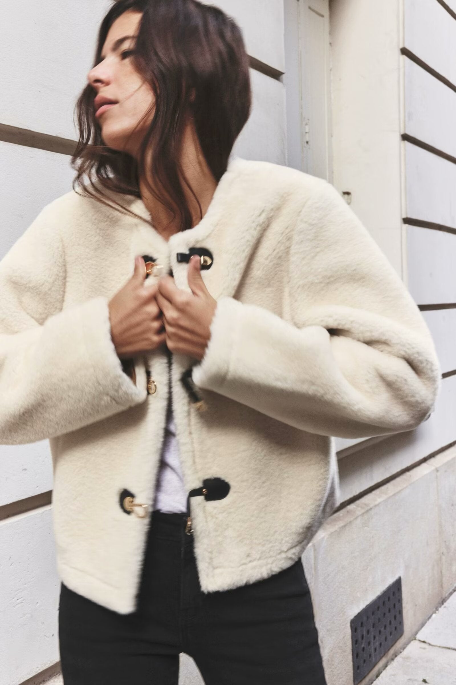 Cream-colored faux fur Langry fashion Winter Double Sided String Button Jacket with toggle closures