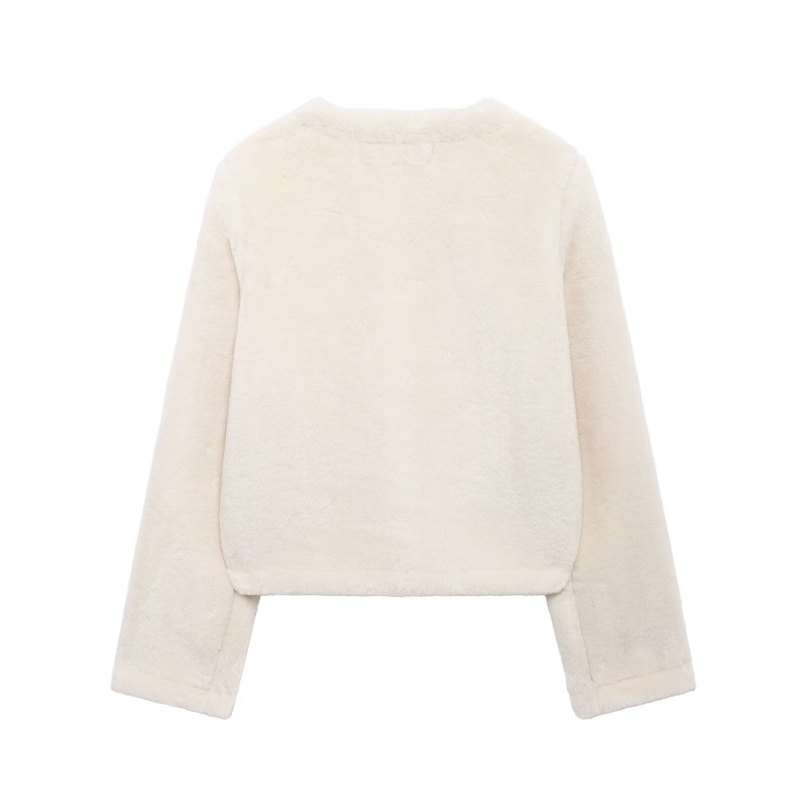 Cream-colored long-sleeved fuzzy sweater with faux fur, stylish Winter Double Sided String Button Jacket for fashion