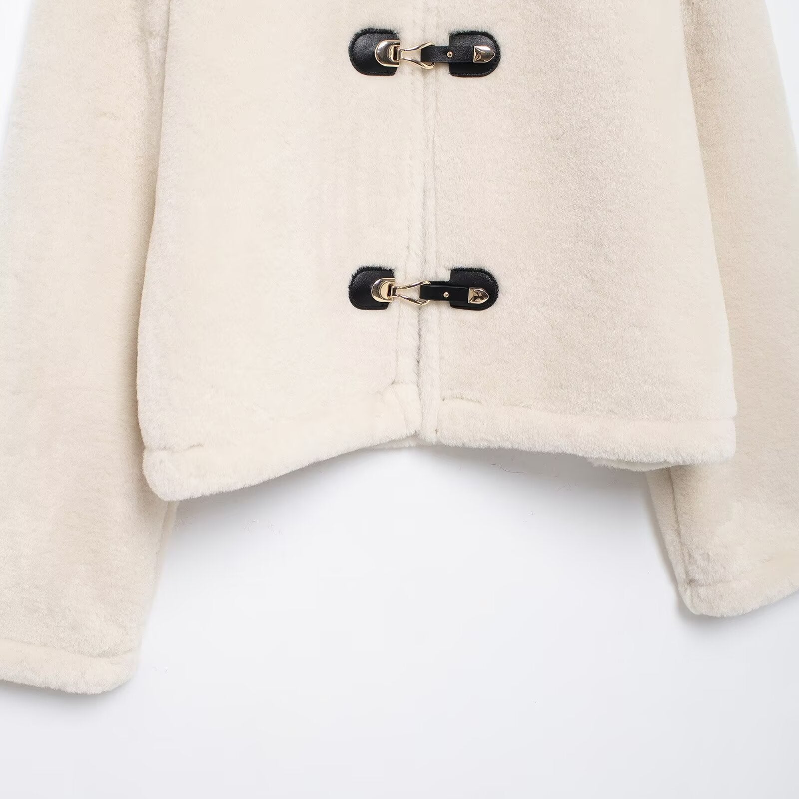 Cream-colored faux fur winter jacket with toggle closures, stylish langry fashion