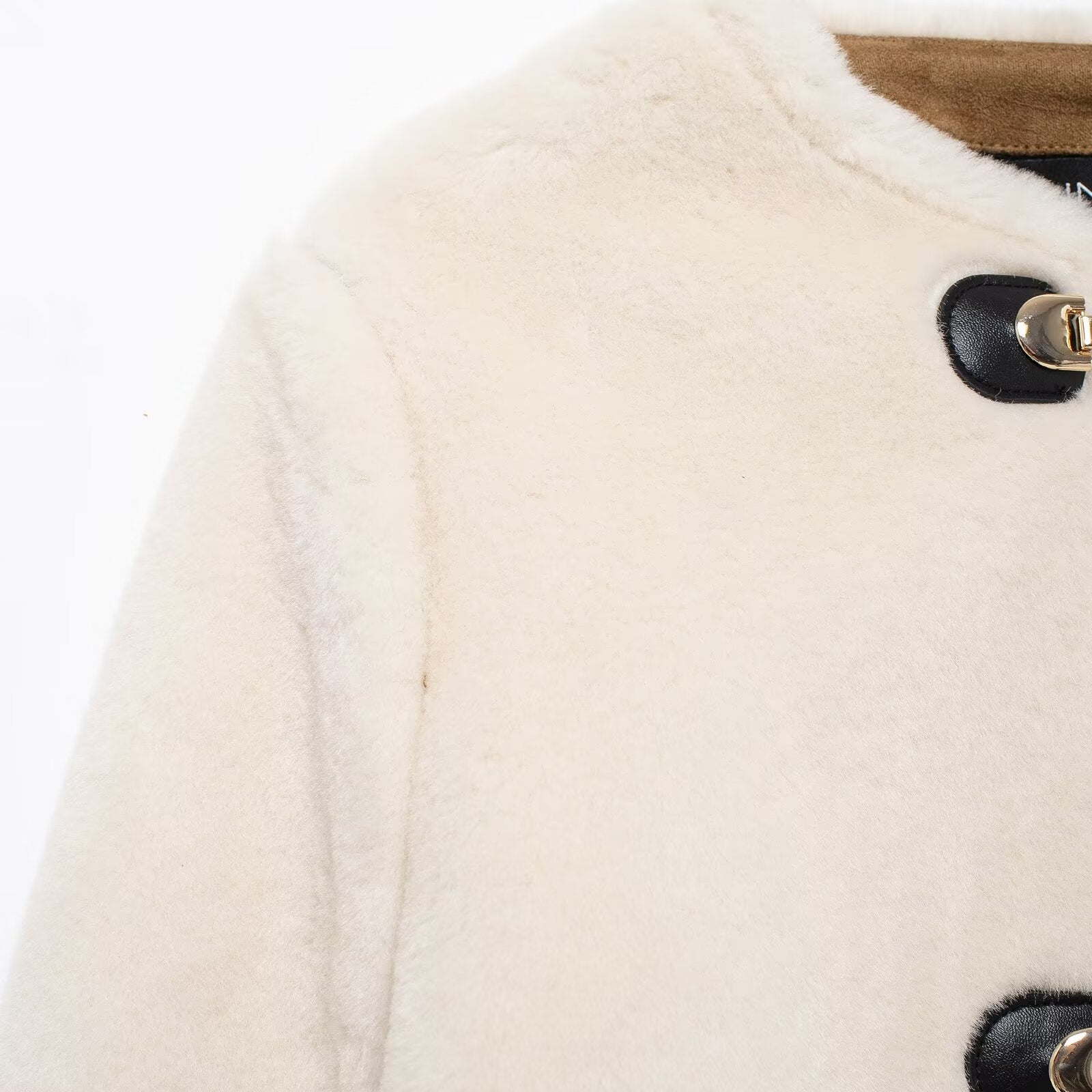 Cream-colored faux fur coat from the Winter Double Sided String Button Jacket fashion collection