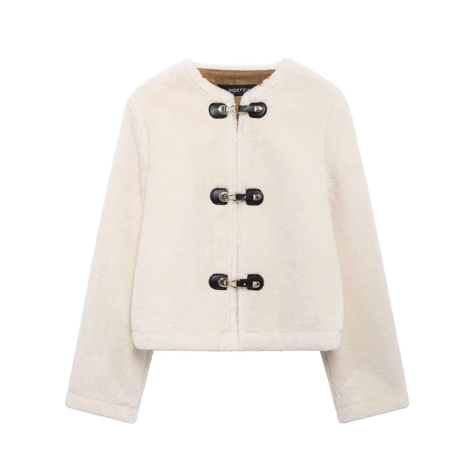 Cream-colored faux fur Langry winter fashion double-sided string button jacket with toggle closures