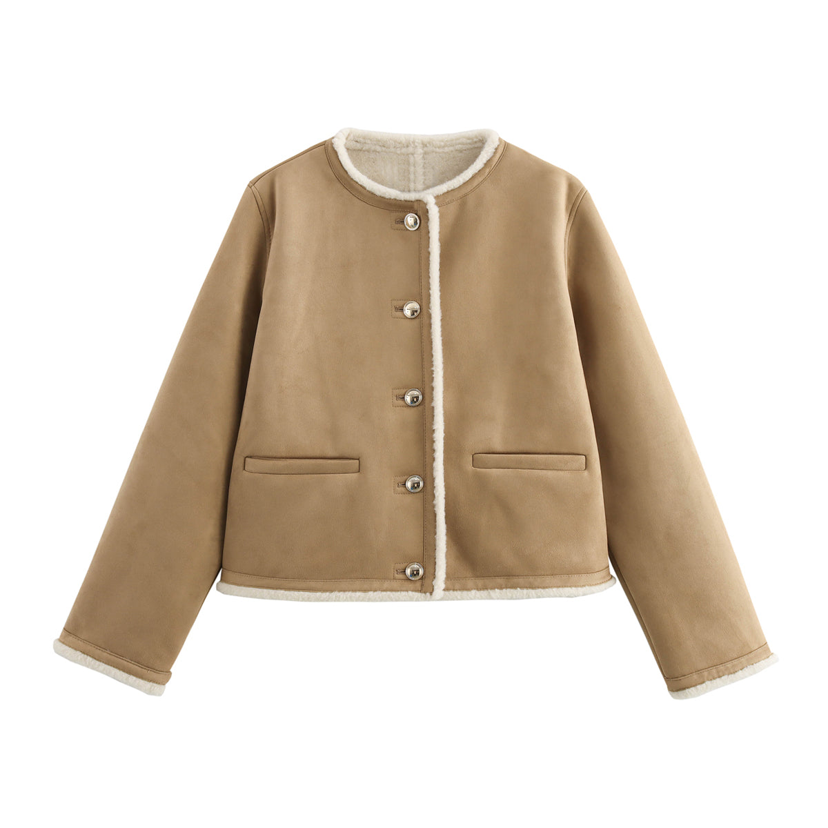 Langry fashionable beige fleece-lined suede winter coat with buttons and pockets