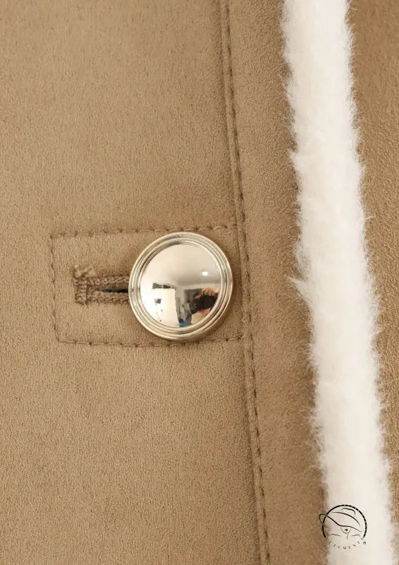 Winter Street beige suede jacket with silver buttons and white fur trim, fashionable langry coat