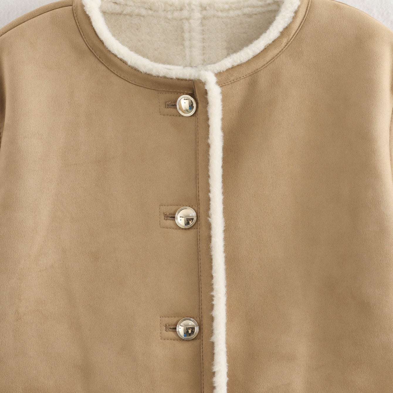 Langry fashion beige shearling-lined suede coat with silver buttons