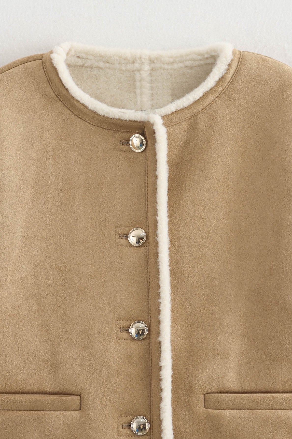 Langry fashion beige shearling-lined suede coat with silver buttons