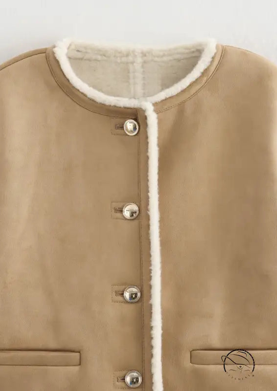 Beige shearling-lined suede coat with silver buttons and pockets