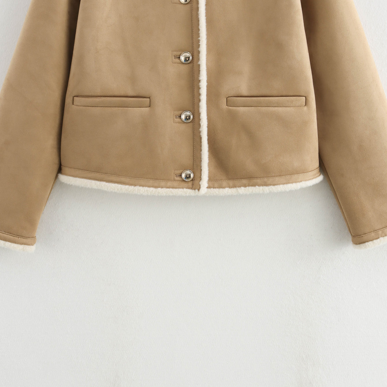 Beige wool langry fashion jacket with gold buttons and suede piping