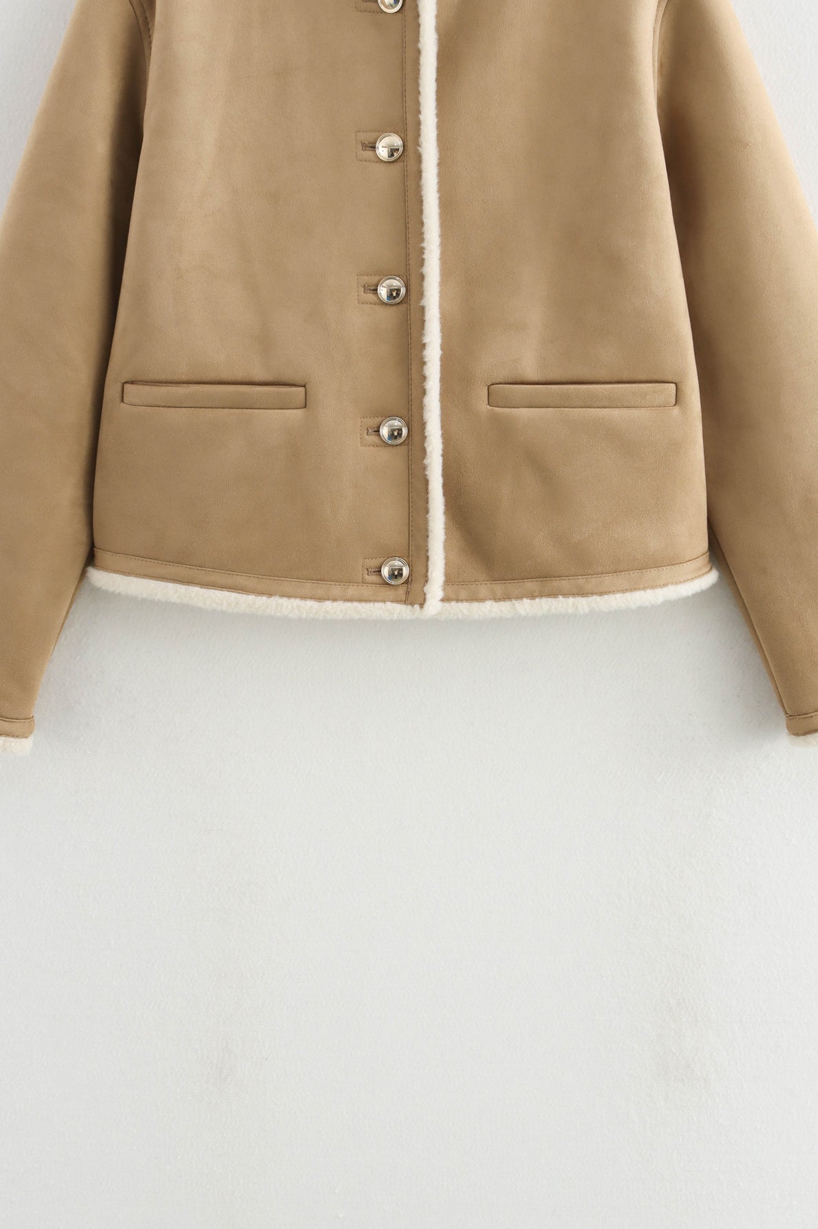 Beige wool langry fashion jacket with gold buttons and suede piping