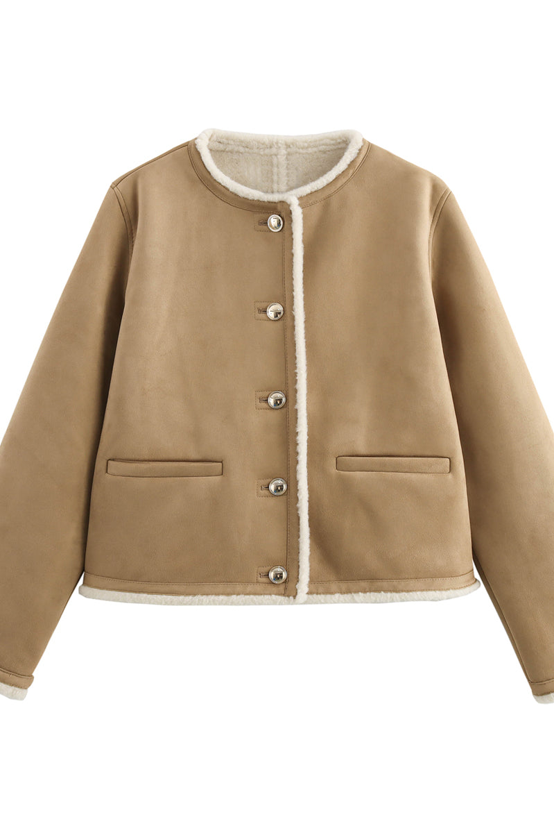 Langry fashionable beige fleece-lined suede coat with buttons and pockets