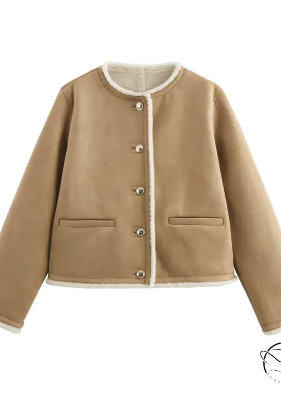 Beige fleece-lined suede jacket in Langry winter fashion style