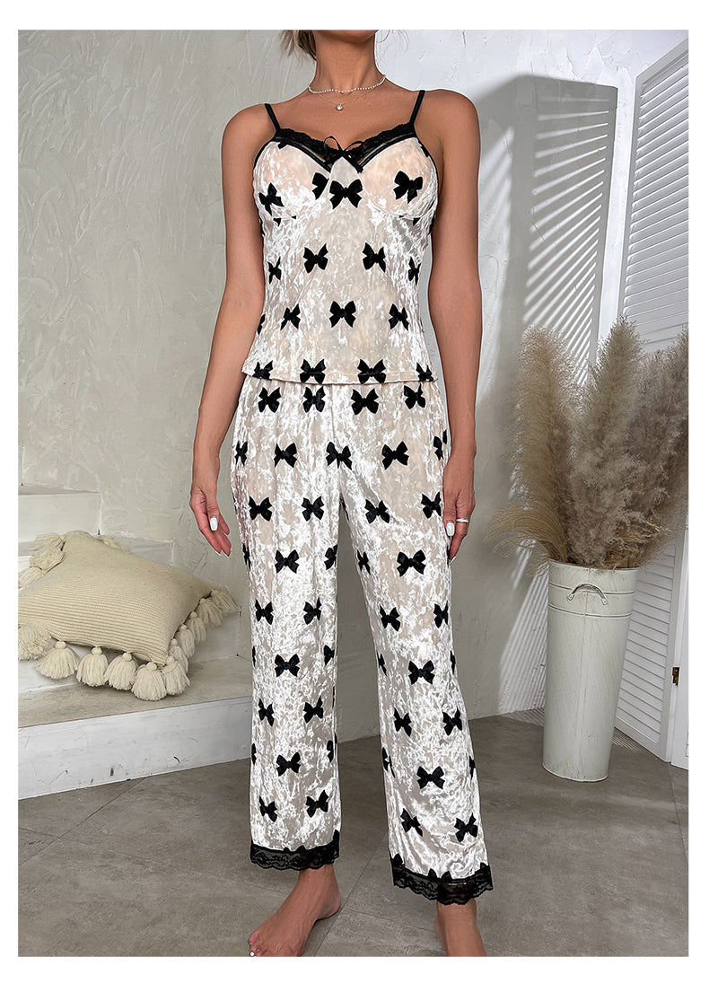 Women’s white velvet pajamas with black bow print and lace trim, Bowknot Velvet Pajamas
