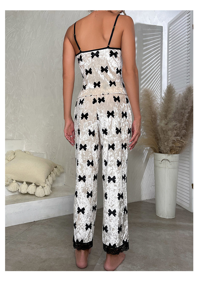 White crushed velvet pajama set with black bow print and lace trim from Bowknot Velvet Pajamas