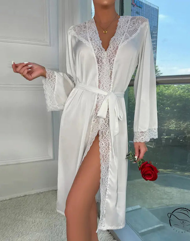 Elegant white satin and lace robe with tie waist in luxury satin robes