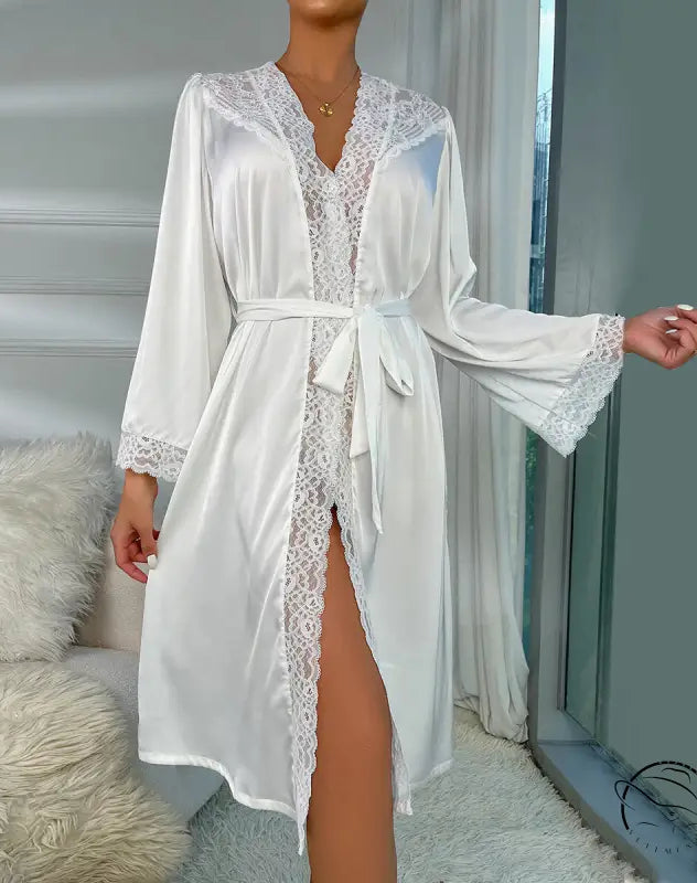 Women’s white satin and lace long robe with tie waist in luxury satin robes