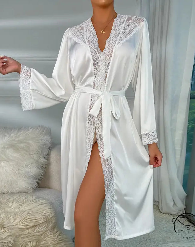 White luxury satin robe with lace trim and tie waist