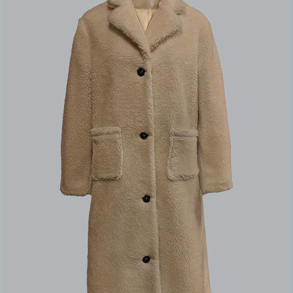 Beige faux fur coat from Fur Collared Plush Long Coat collection, perfect for fashion and ملابس