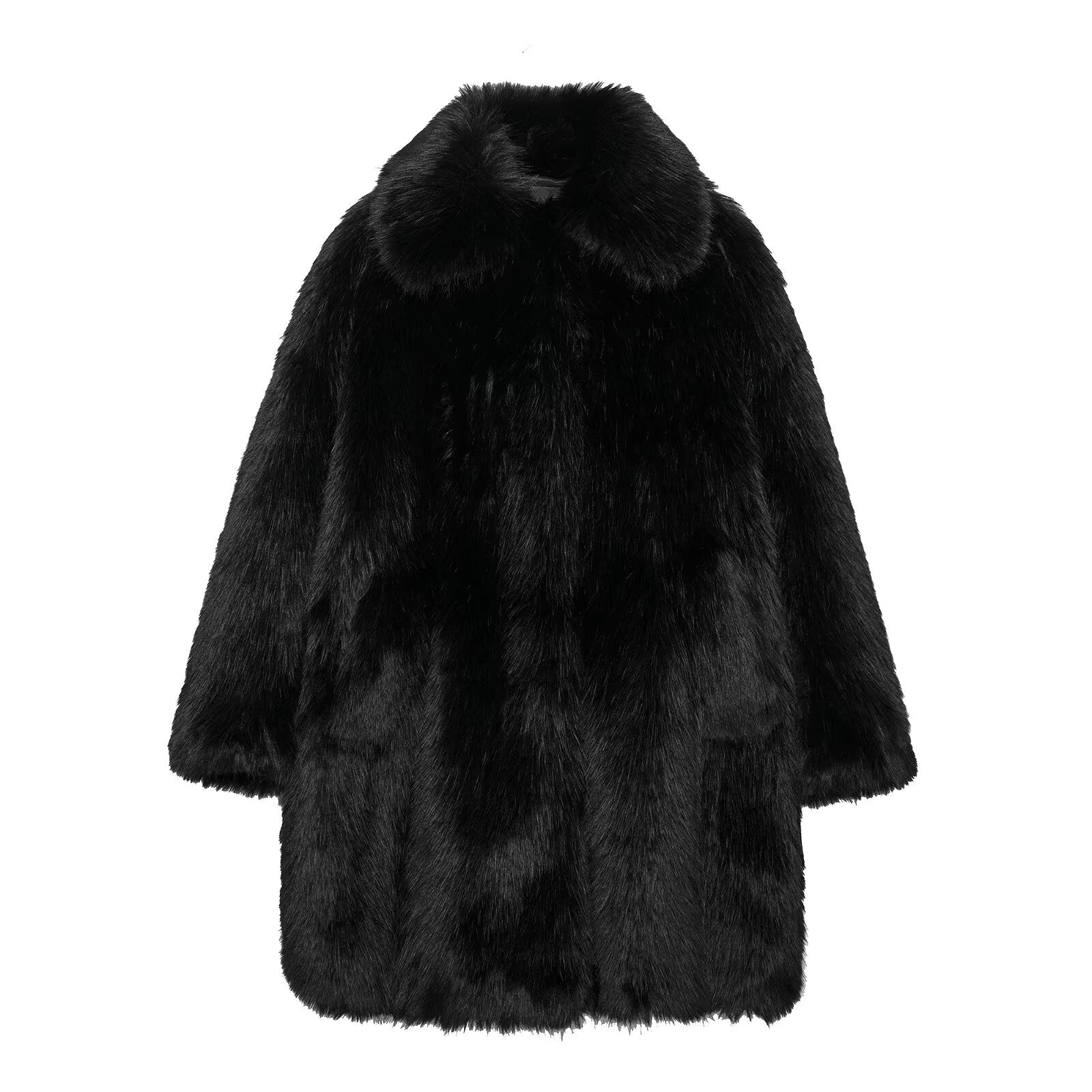 Black faux fur coat with wide collar showcasing luxurious langry fashion style