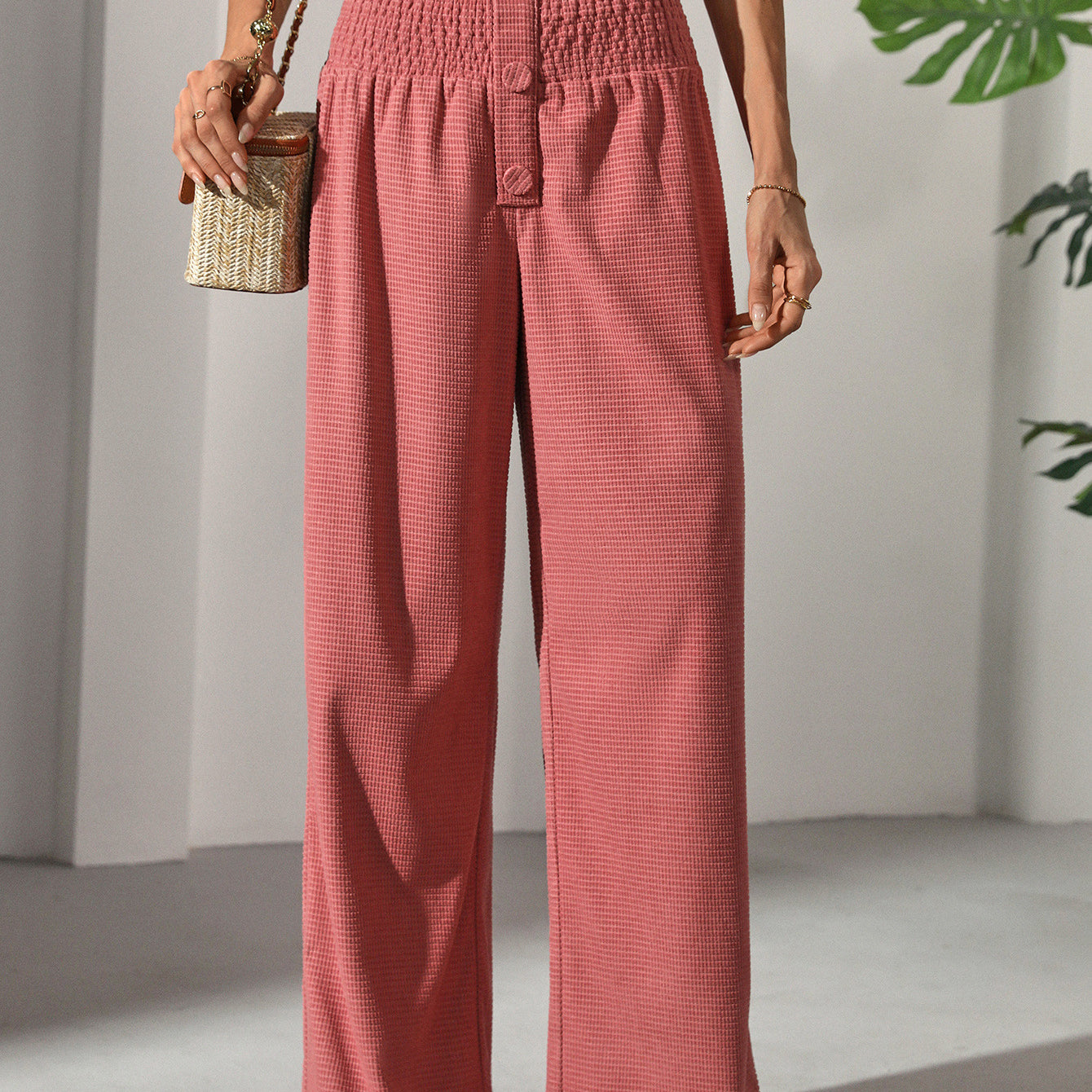Rose pink casual elegant French trousers with wide-leg design and shirred high waist
