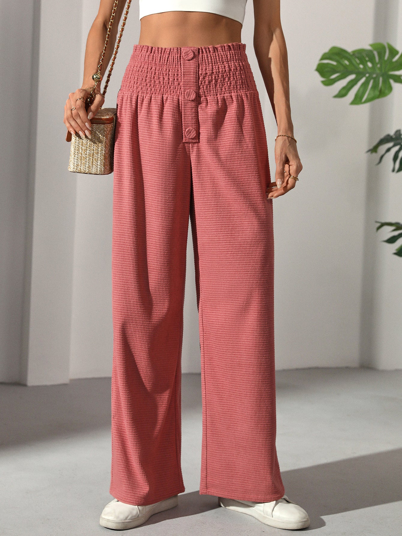 Rose pink casual elegant French trousers with wide-leg design and shirred high waist